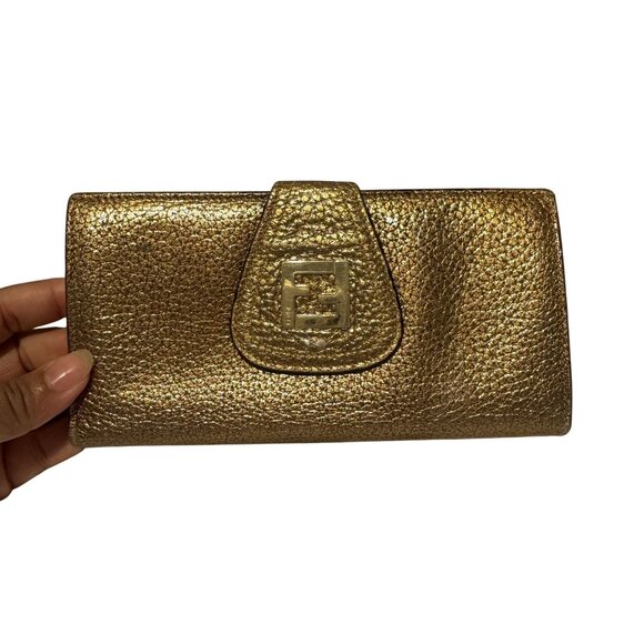 Fendi Womens Metallic Gold Leather Zucca Canvas Bifold FF Logo Long Wallet - Picture 1 of 12